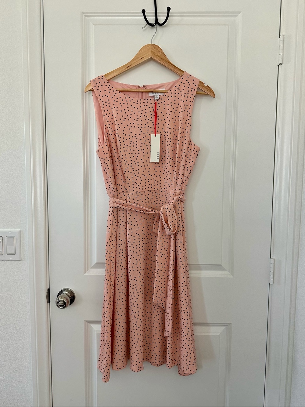 Elle Pink Midi Dress with Black Polka Dots and Self-Tie Waist